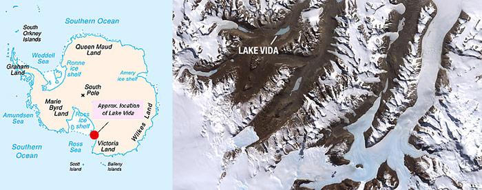 Der Lake Vida liegt im Victoria Valley, eines der nördlichsten antarktischen Trockentäler in der Nähe der amerikanischen McMurdo-Station.