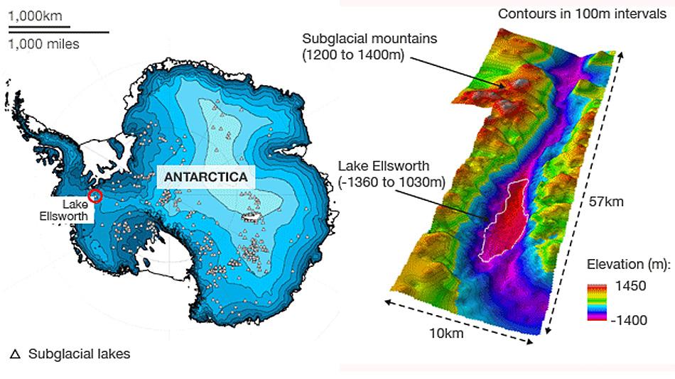 Der Lake Ellsworth liegt unter einem 3 Kilometer dicken Eispanzer in der Westantarktis.