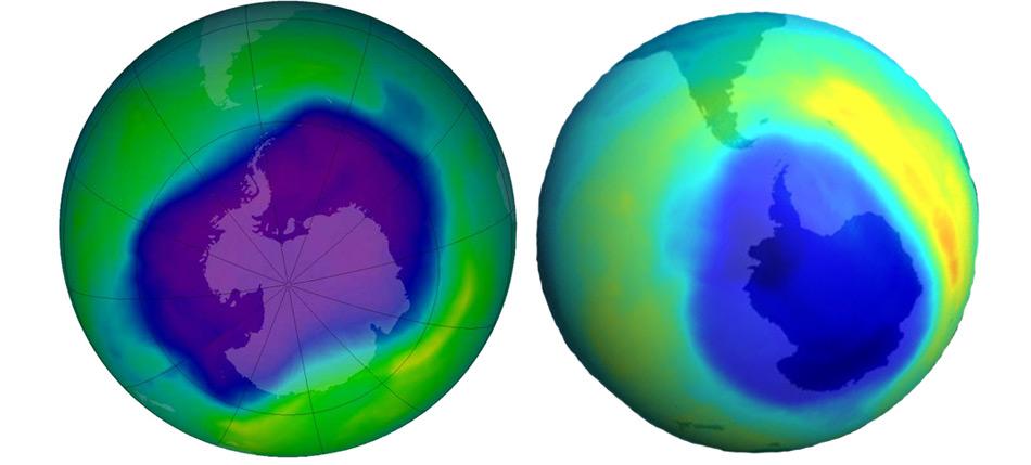 Bisher grösste Ausdehnung des antarktischen Ozonlochs am 24. September 2006 (links) und zweitgrösste Ausdehnung am 6. September 2000