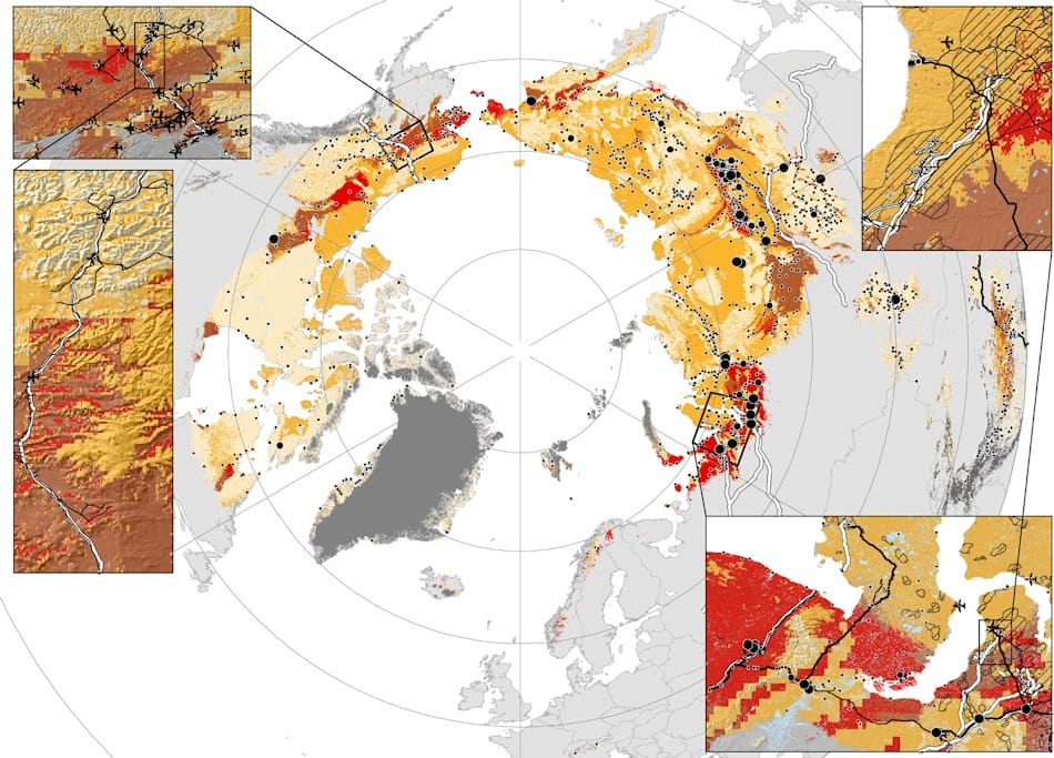 Die Karte zeigt die verschiedenen Gefährdungsgrade für Infrastrukturen von leicht (hellgelb) bis Hotspot (rot). Einige wichtige Regionen sind besonders hervorgehoben. Bild: Hjort et al.