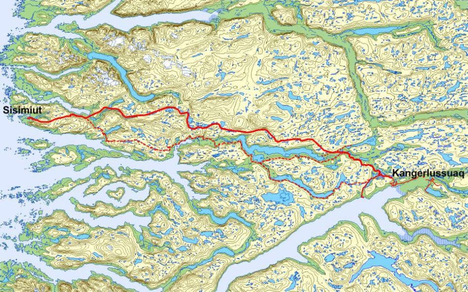  Die Strasse (durchgezogene Linie) beeintrÃ¤chtigt den Arctic Circle Trail (gestrichelte Linie) nicht. (Bild: Qeqqata Kommunia)