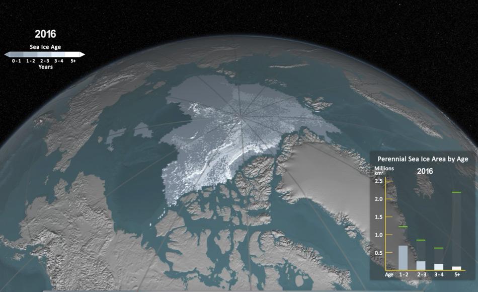 Das Alter ist ein weiterer Indikator für den Zustand des Meereises, da älteres Eis in der Regel dickeres Eis bedeutet. Das Bild zeigt das Meereisalter für die Woche des 2016 Meereisminimums. Das Balkendiagramm zeigt die Ausdehnung der einzelnen Altersklassen (in Millionen Quadratkilometer); die grünen Linien im Balkendiagramm verdeutlichen frühere höhere Werte im Satellitendatensatz für die Minimum-Woche dar. Bild: NASA Scientific Visualization Studio