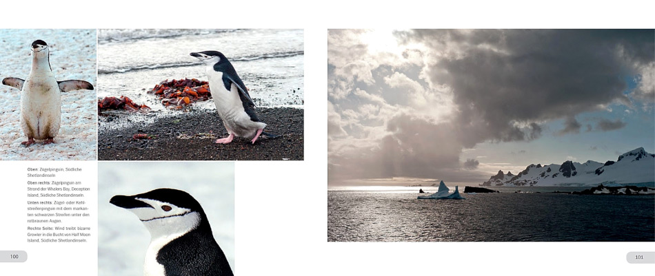 Das Buch âReise in die Antarktisâ kommt in zwei Teilen daher. Teil 1 illustriert die Reisen in die Antarktis und vermittelt mit vielen Bildern auch Wissenswertes Ã¼ber die SÃ¼dpolarregion. Die Bilder stammen teilweise vom Autor, teilweise von externen Fotografen.
